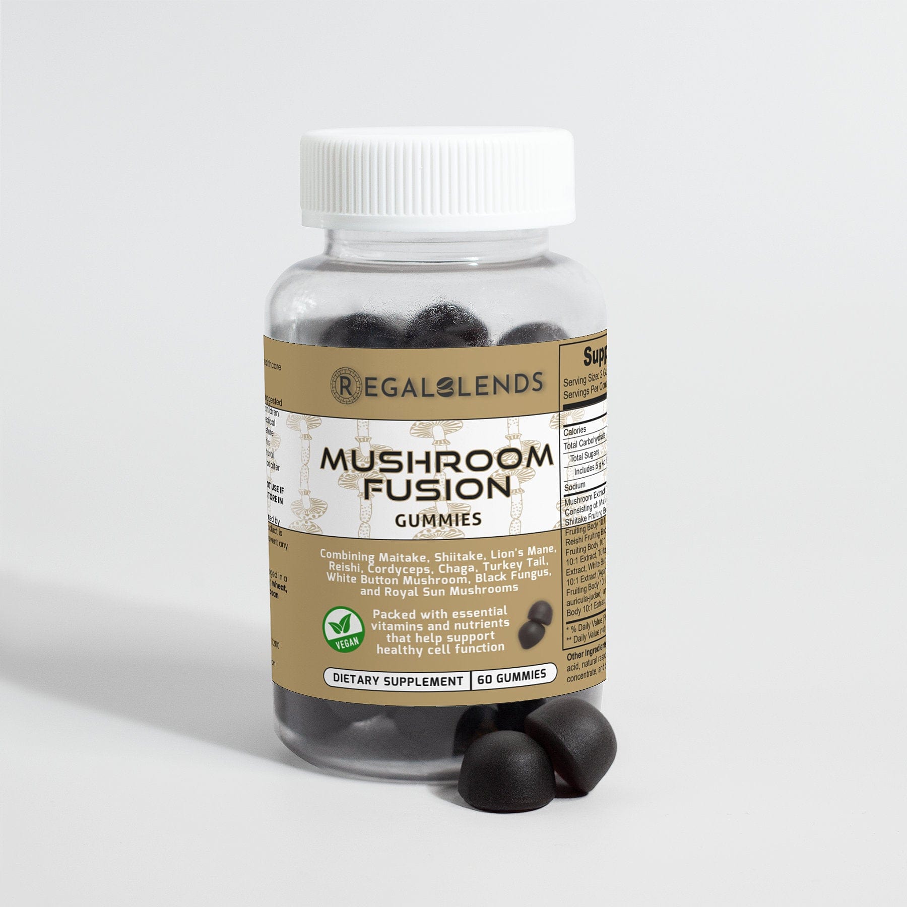 Bottle of Regalblends Mushroom Fusion with gummies