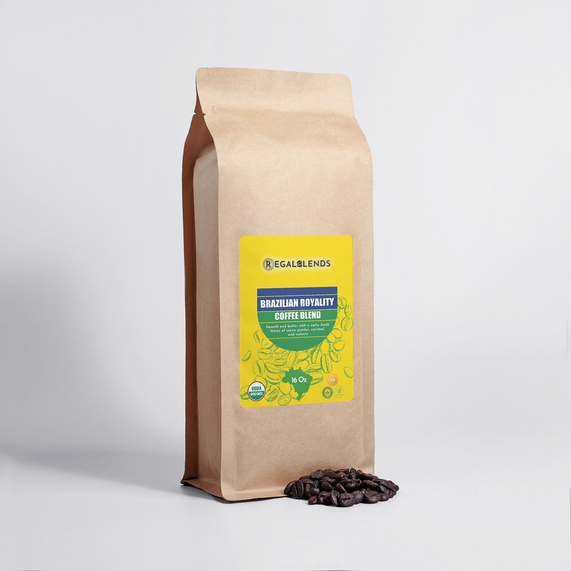 Organic coffee beans originating in Brazil. Nutty taste. Notes of cocoa powder