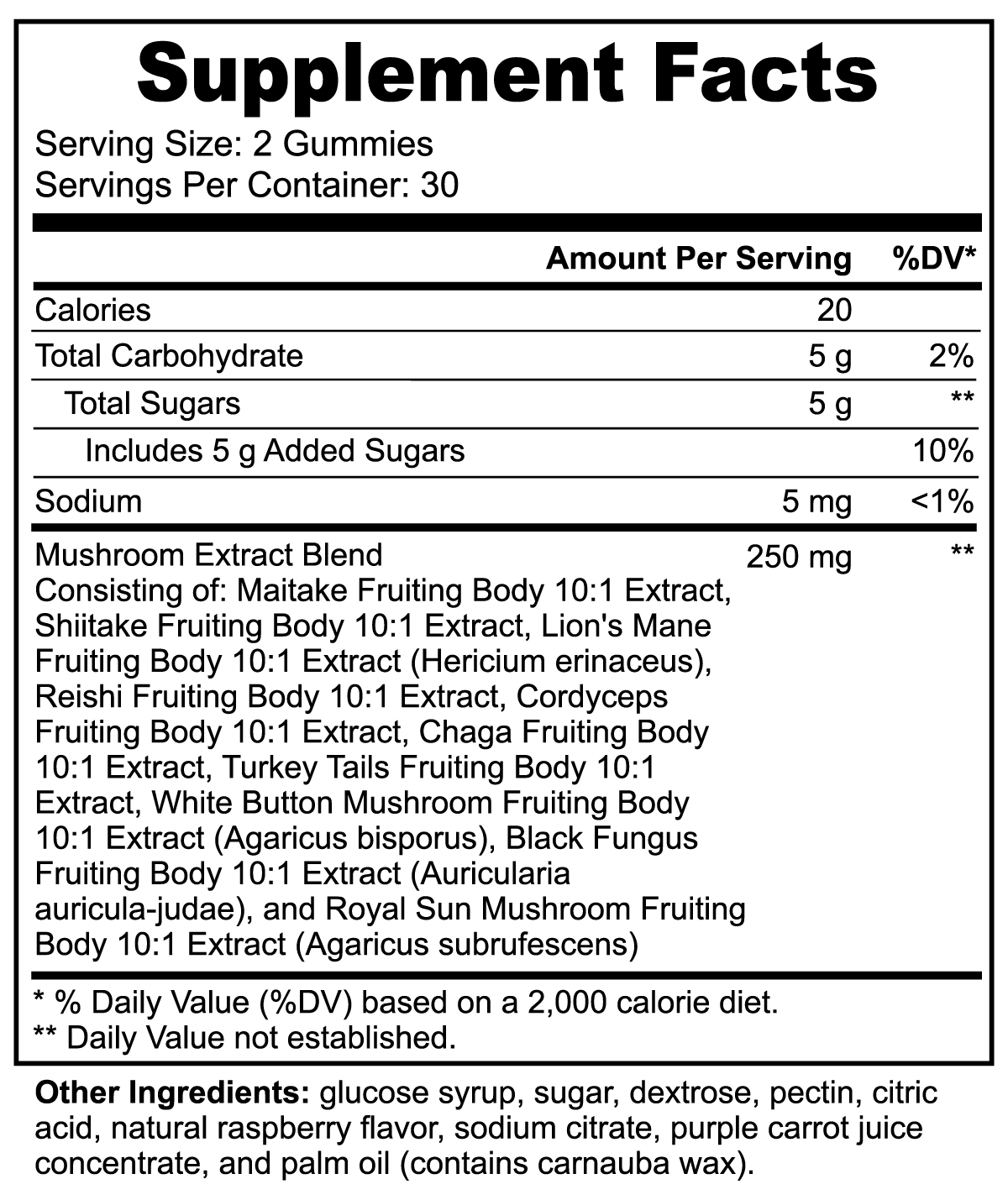 Supplement Facts of Regalblends Mushroom Fusion